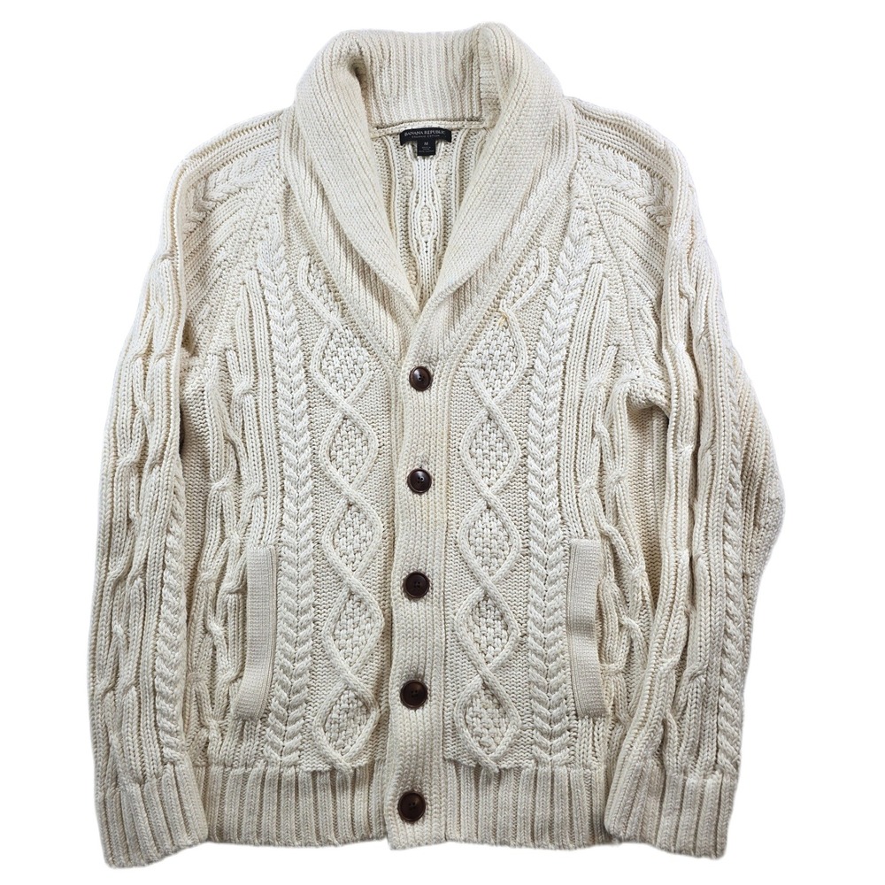 Banana Republic Cardigan Men Medium Cream Organic Cotton Cable Knit Shawl Collar